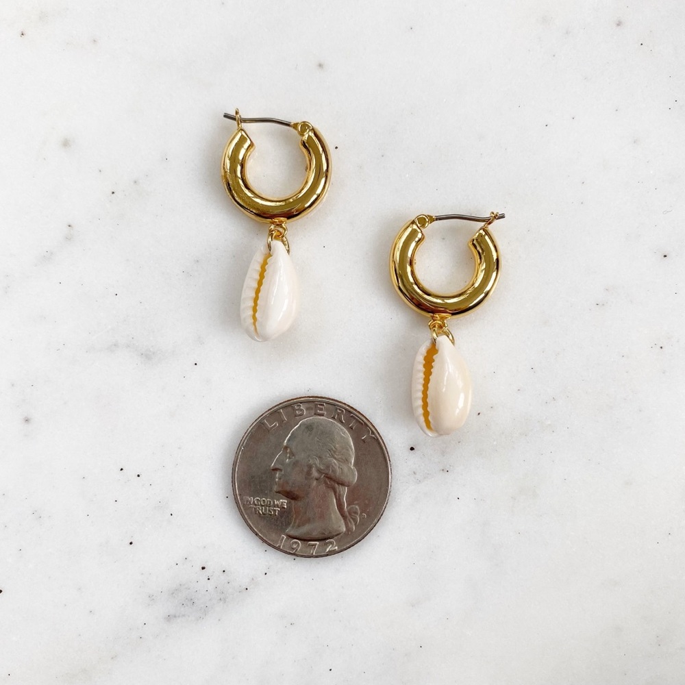 Cowrie Shell Drop Huggie Hoop Earrings - Picture 3 of 9